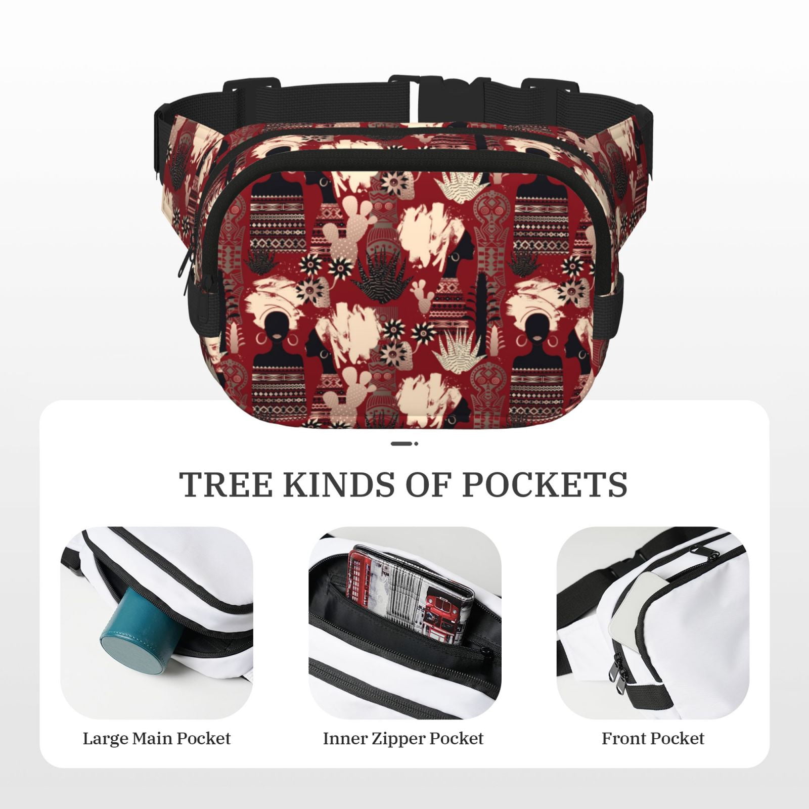 Picia African Women A Print Square Double-Layer Waist Bag Mini Adjustable Waist Belt Bag Exercise Running Travel Hiking