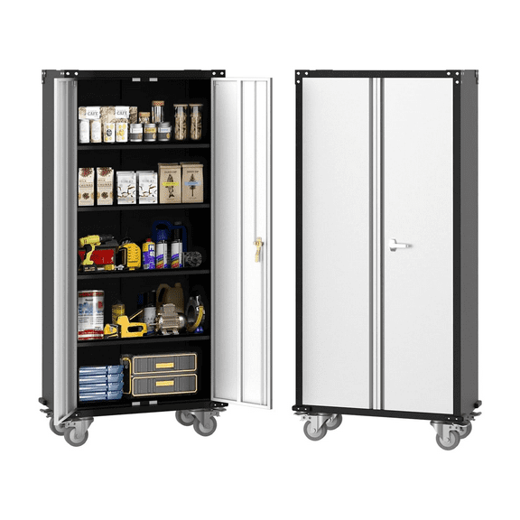 72" Metal Storage Cabinet with Wheels,Lockable Rolling Steel Storage Cabinet with 4 Adjustable Shelves for Garage,Office,Kitchen,Assembly Required