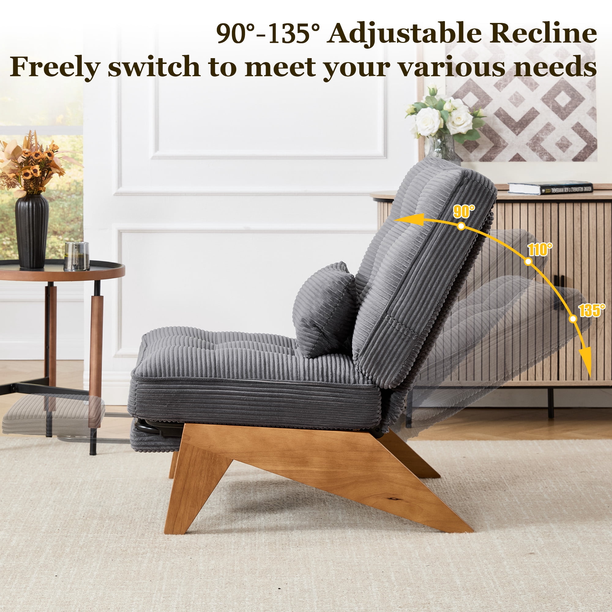 MOONMISS Modern Adjustable Lounge Chair with Footrest,Wooden Base Upholstered Recliner for Reading Rest Corduroy
