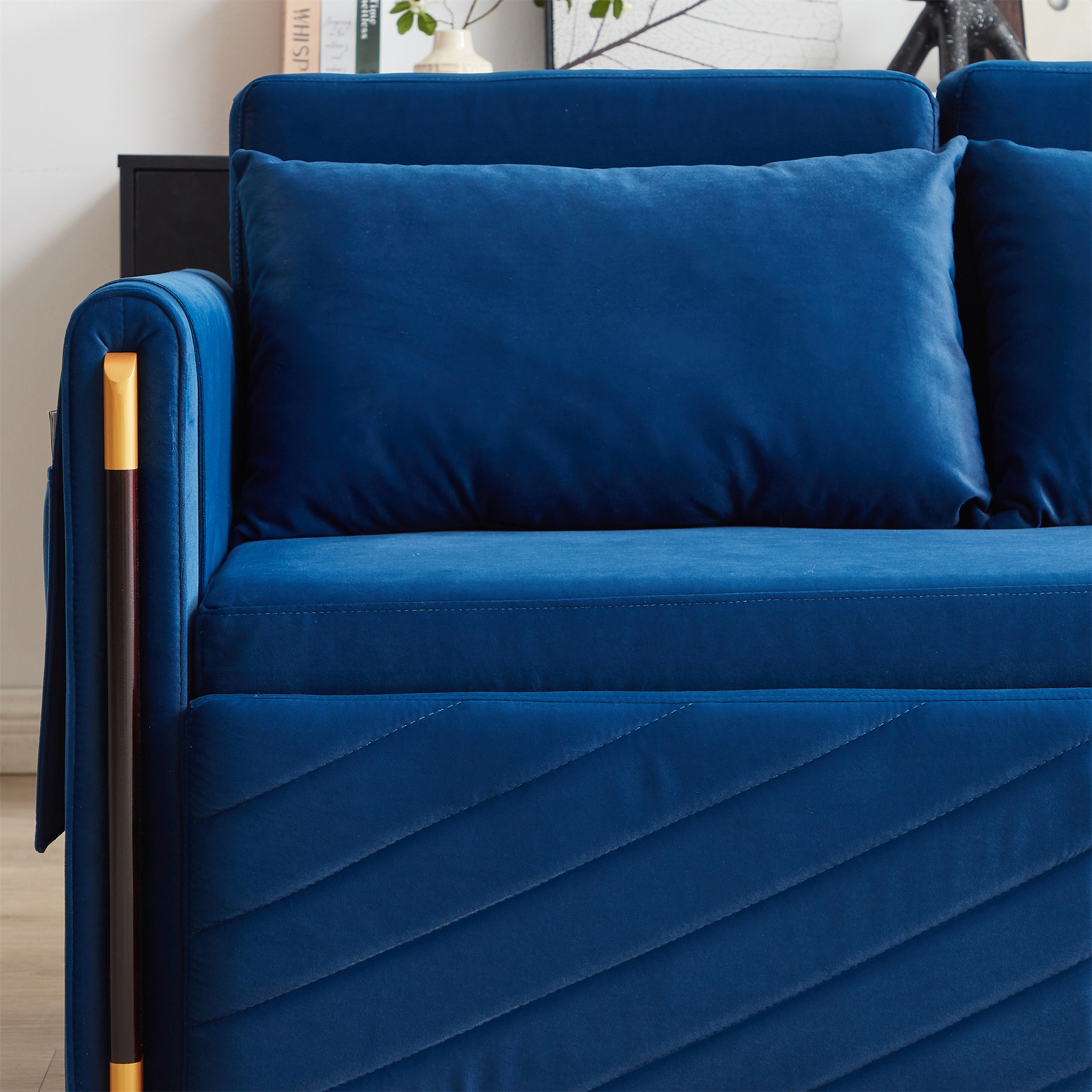 Aukfa Velvet Futon Convertible Loveseat Sleeper Sofa, Full Size, 2Pillows&Side Pockets, Blue