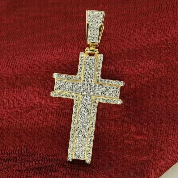 4TCW Round Cut Lab Created Diamond Men's Cross Charm Pendant 14k Yellow Gold Plated 2 inches