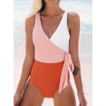 thumbnail image 1 of Traje de baño cruzado de una pieza para mujer Traje de baño con lazo lateral y bloques de color (Naranjablanco S), 1 of 4