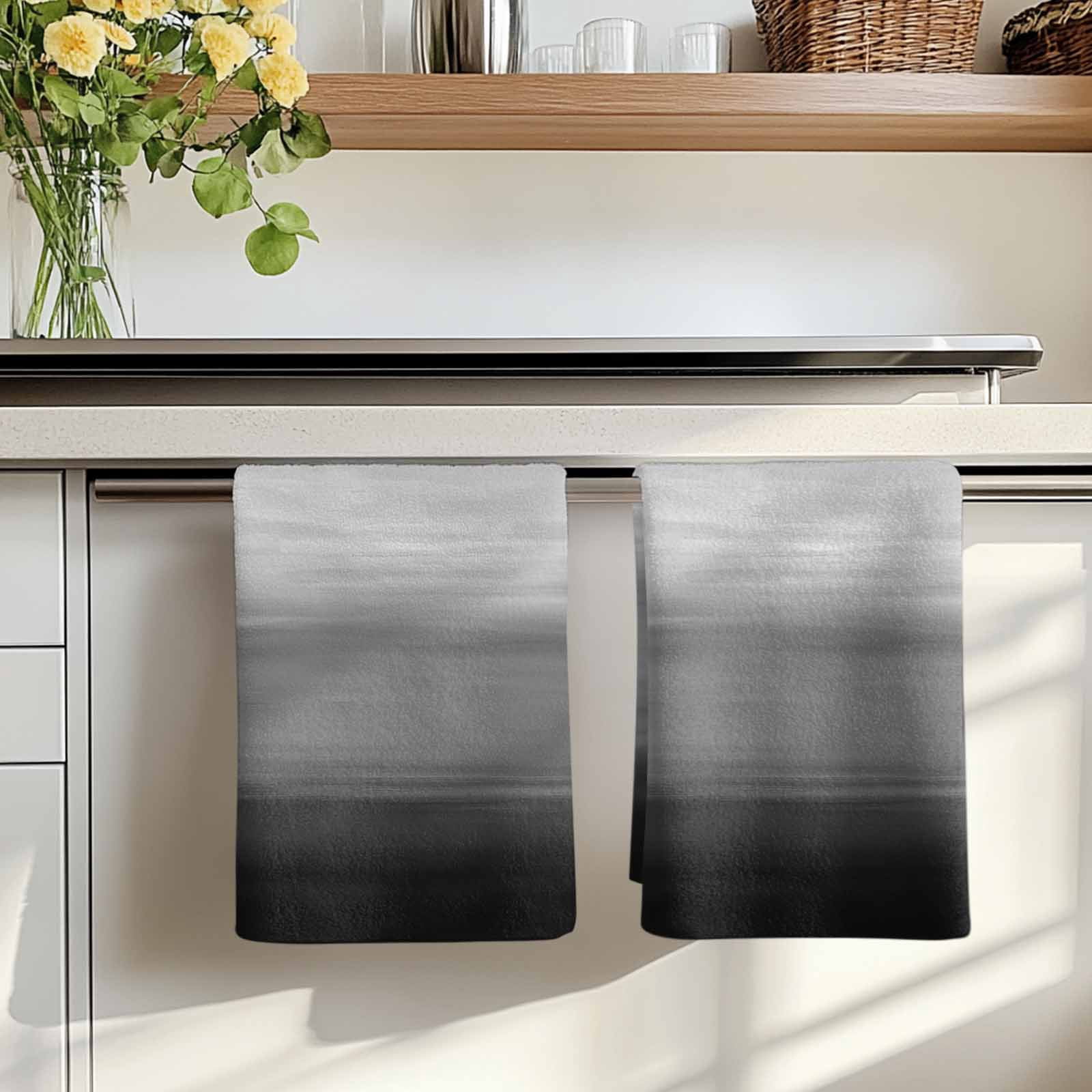 Dish Towels, Black Grey Absorbent Kitchen Towels 2 PCS, Gradient Pure Color Microfiber Hand Towels Dish Cloths Tea Towels for Home&nbsp;Bathroom Cleaning Drying,18X28-Inch,