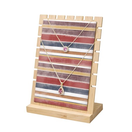 Necklace Display Stand Ombre Red Stripe Wood Jewelry Displays Stands with PU Panel Chain Rack Organizer Geometric Design Wooden Necklace Display Holder for Vendors Shop Show Home Tabletop Storage
