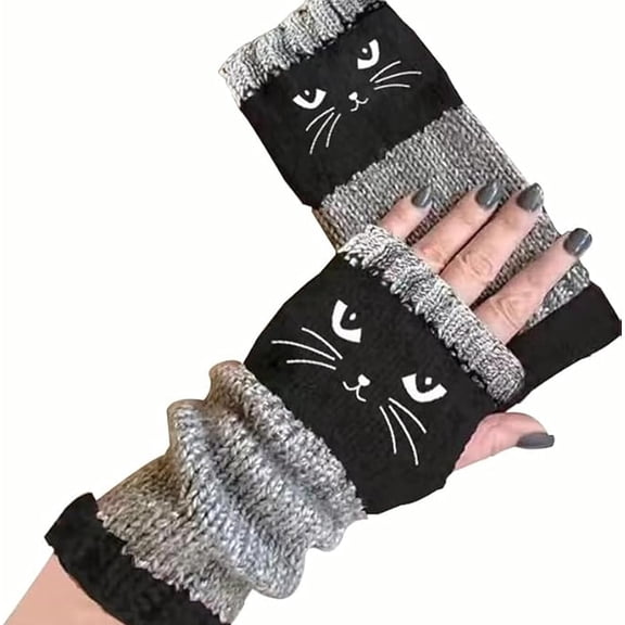 Cute Women’s Knitted Cat Fingerless Gloves - Warm Cozy Cat Design Gloves with Free Fingers & Touchscreen Compatible, Soft Winter Gloves for Everyday Use & Outdoor Activities