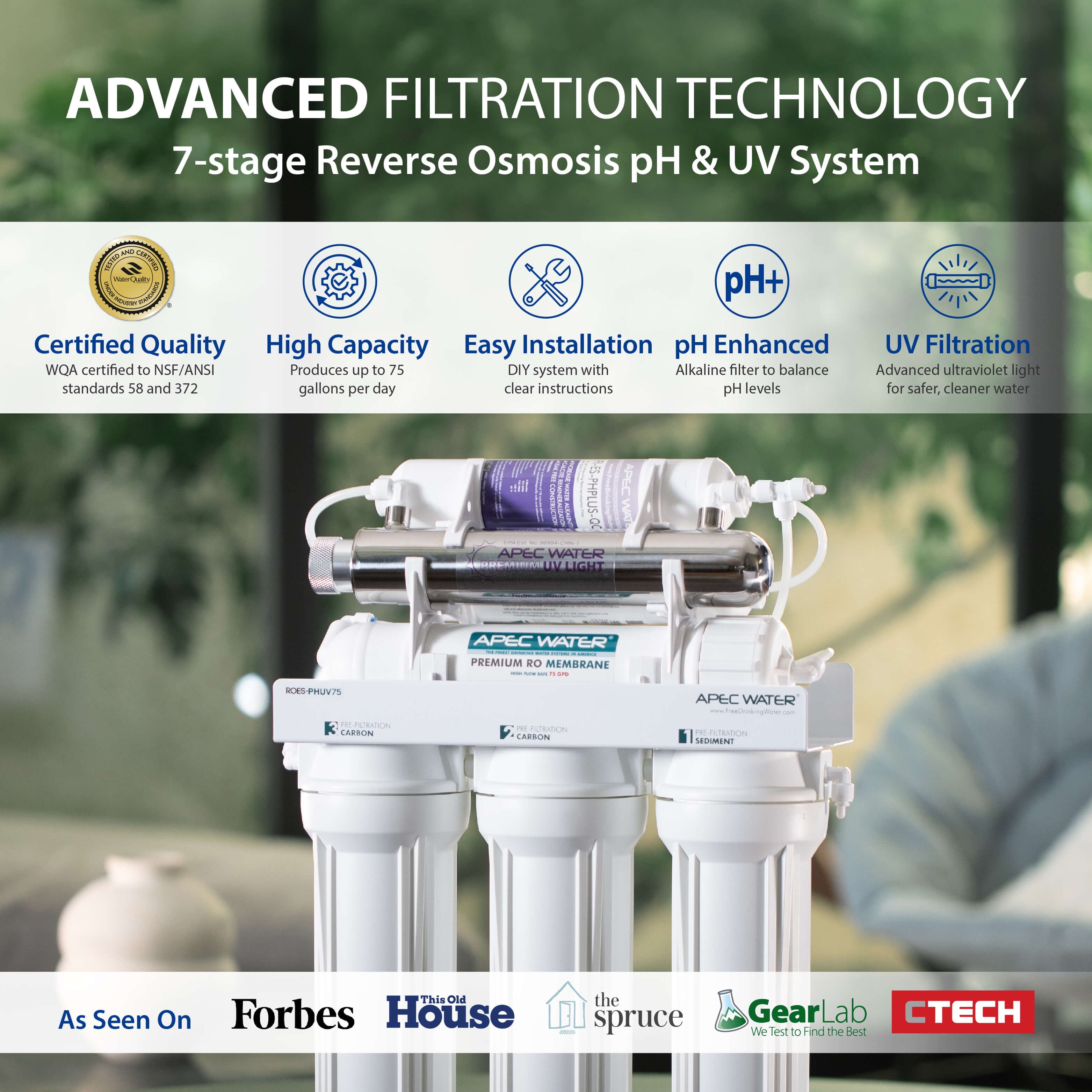 APEC pH+ Alkaline Mineral UV Sterilizer 75 GPD 7-Stage Under-Sink Reverse Osmosis Drinking Water Filter System (Essence ROES-PHUV75)