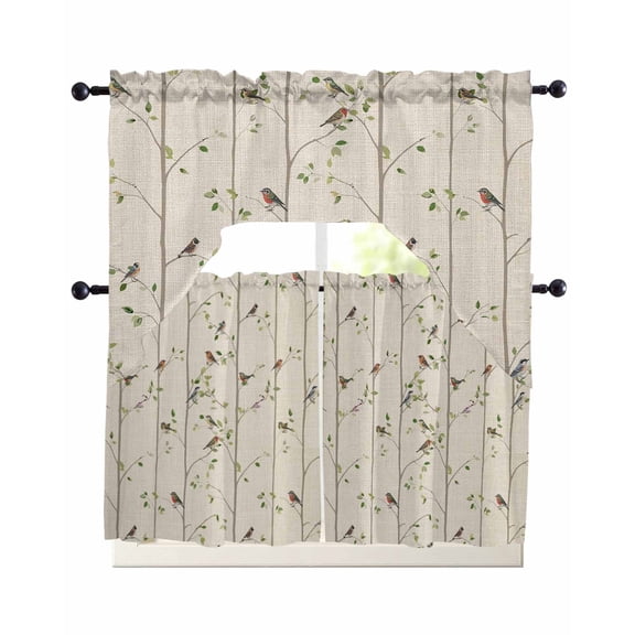 Sparrow Swag Kitchen Curtains Sets for Windows 24 Inch Length, Spring Birds on The Branches Retro Country Beige Short Window Curtain Panels Swags Valances and Tiers 3 Piece Set for Cafe/Dining Room