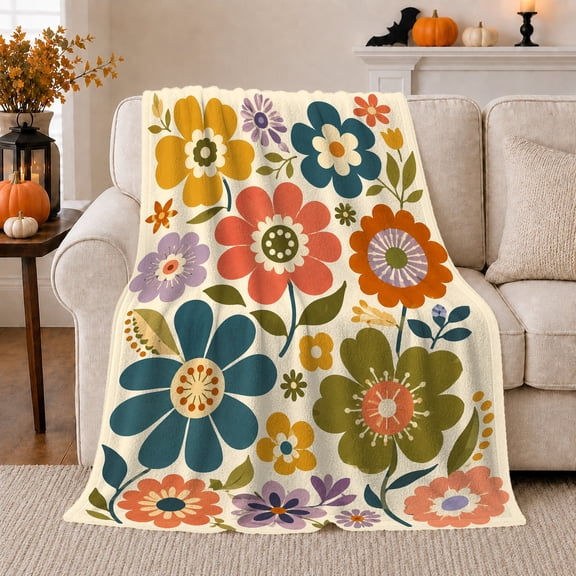 Retro 70S Flower Autumn, Festive autumn celebration Scene, Warm Flannel Blanket for Living Room and Family Room with Detailed Artwork, Art Lovers autumn celebration Gift, Festive Home Decor