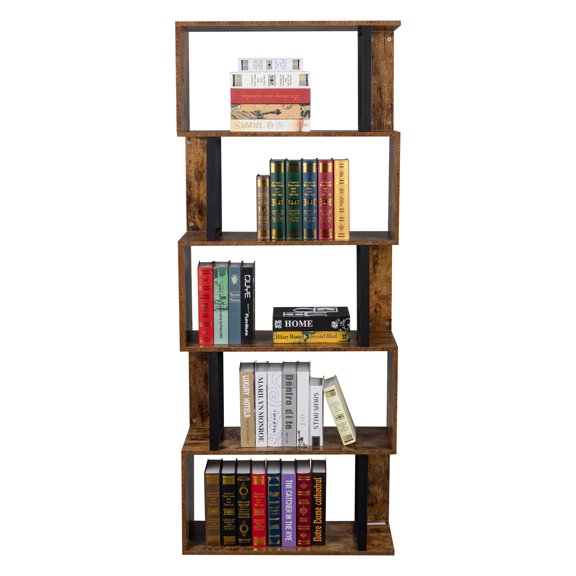 Bookcase and Bookshelf 5 Tier Display Shelf, S-Shaped Z-Shelf Bookshelves, Freestanding Multifunctional Decorative Storage Shelving for Home Office, Vintage Brown Industrial Style