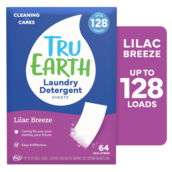 Tru Earth Laundry Detergent Sheets - Lilac Breeze Scent - Up to 128 Loads (64 Sheets) - Laundry Detergent Eco-Strips