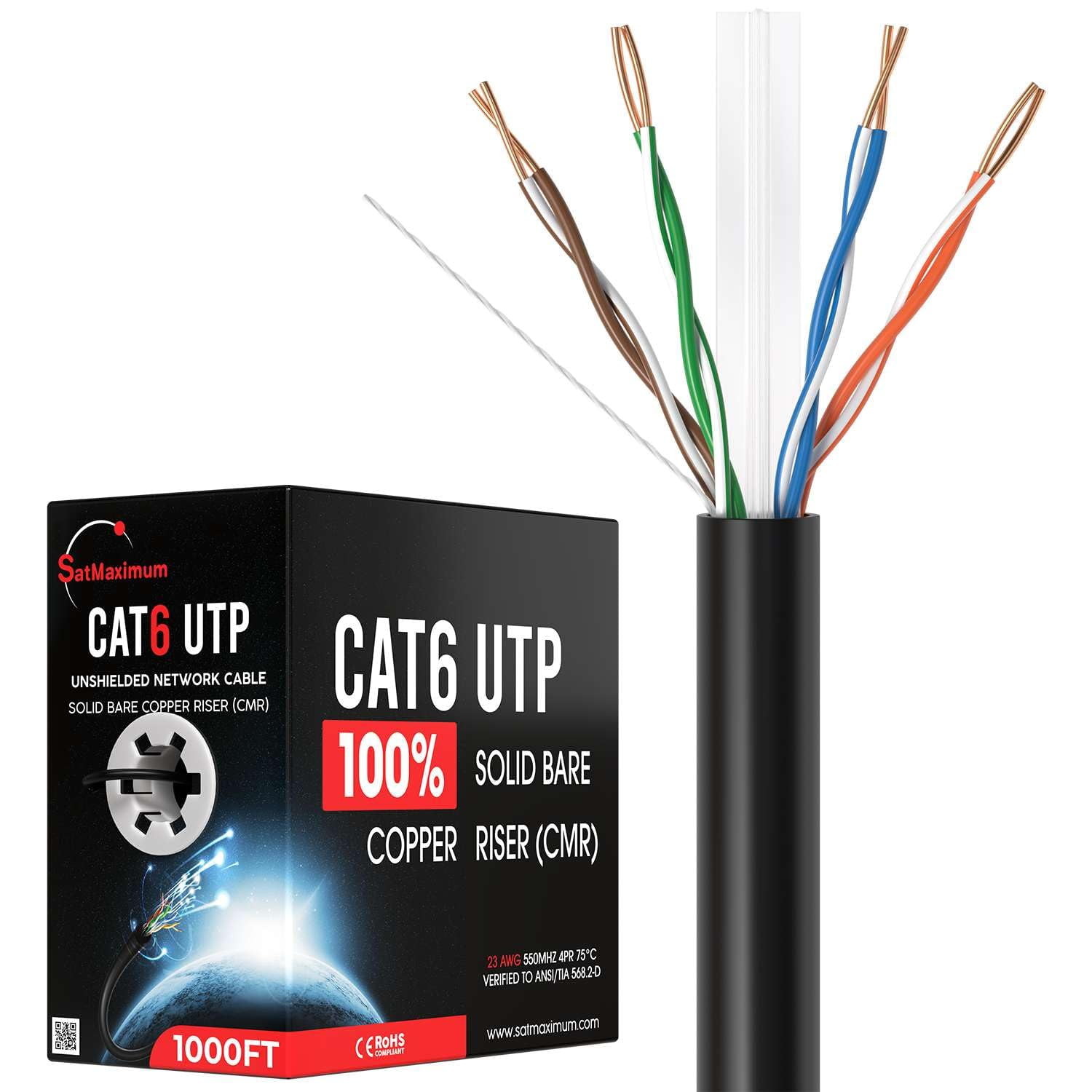 Cables Direct Online 1000FT Cat6 Solid Bare Copper 23AWG Bulk Ethernet Cable, CMR ETL Riser, 550MHz POE (Power Over Ethernet) Wire – Black