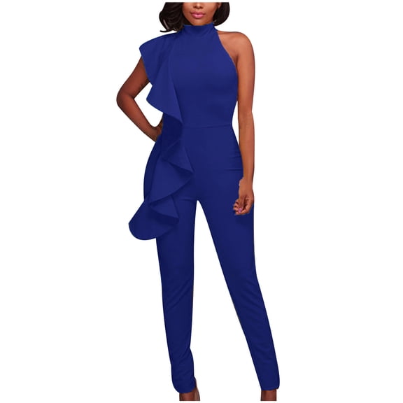 Npasoilc Ruffled Sleeveless Jumpsuits for Women Crew Neck Solid Color Summer Casual Pants