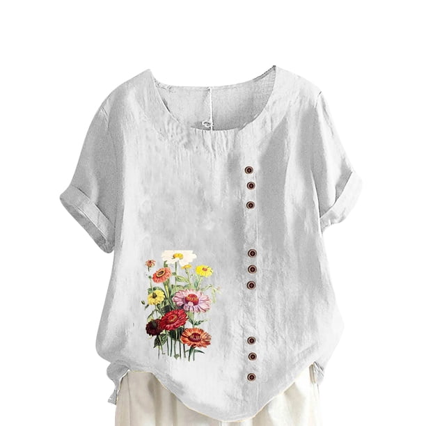 Camiseta suelta informal de verano con cuello redondo y manga corta con estampado de flores para mujer OAVQHLG3B Store lin121212