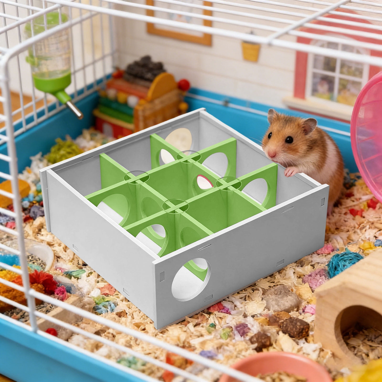 Hamster Maze Hideout - Interactive Wooden Enrichment Toy Multi-Chamber 9-Room Hamster Houses and Hideouts For Small Animals Hamsters Gerbils,Green