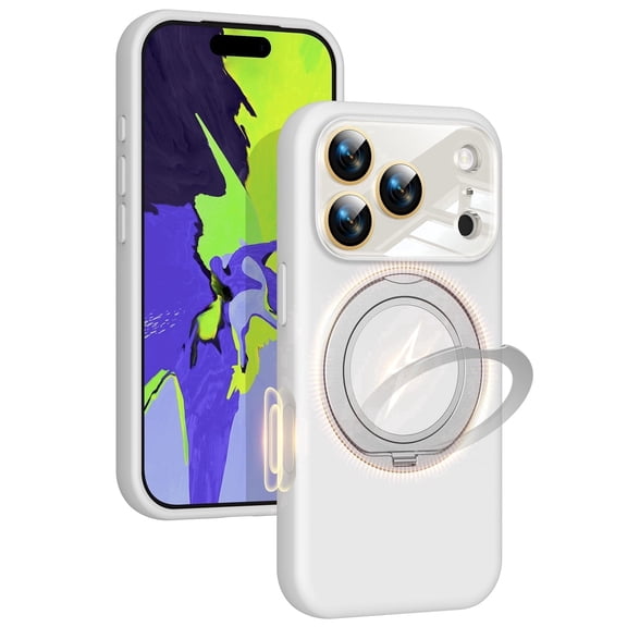 JETeacka Liquid Silicone Case, 360° Spin Magnetic Ring Kickstand, Compatible with iPhone 17 Pro Max, White
