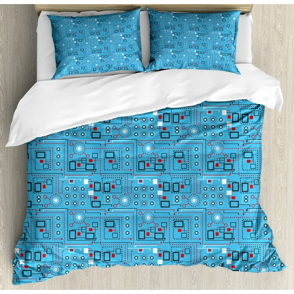 Modern Duvet Cover Set, Geometrical Image with Lines and Dots Circles Rounds Industrial Print, Decorative 3 Piece Bedding Set with 2 Pillow Shams, Queen Size, Turquoise Red and White, by Ambesonne