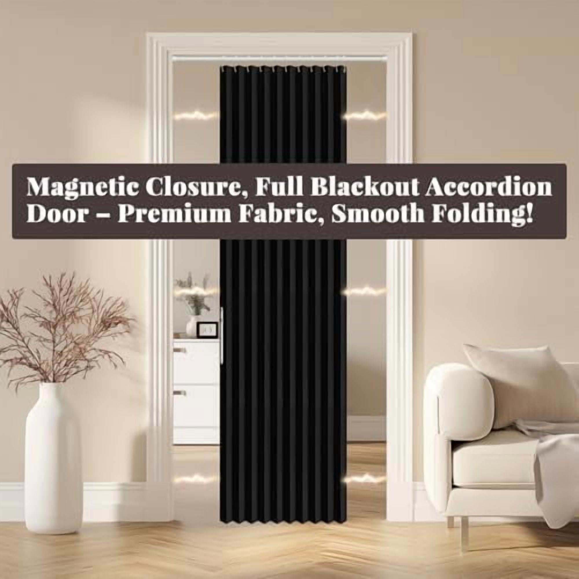 100% Blackout Magnetic Door Curtain Accordion Doors Interior Closet Door Curtain Invisible Applicable Bedroom Room Living Room Doorway (Black 42" W x 78" L) 1 Panel