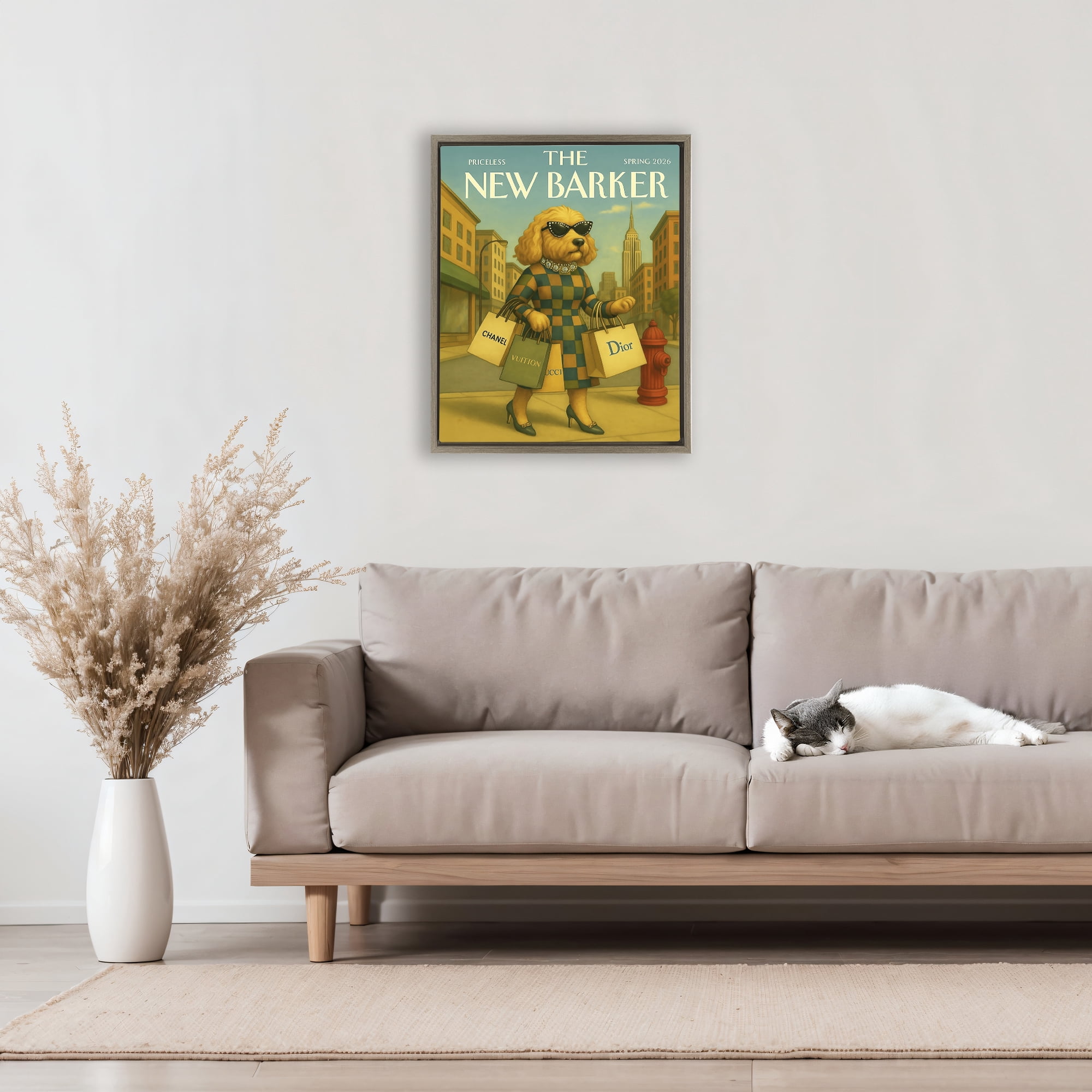 Stupell Industries New Barker Dog Magazine Brown Framed Floater Canvas Wall Art, design by Grotto Studios