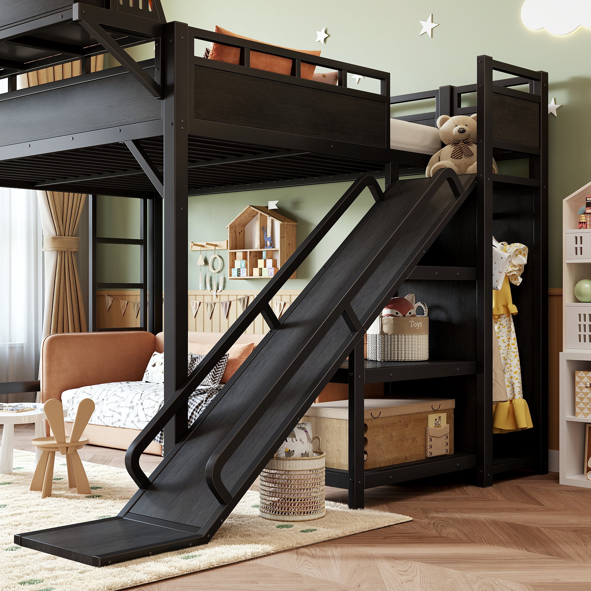 Leumius Queen Size Loft Bed with Slide,Storage Shelves and Built-in Wardrobe,Metal Loft Bed Frame with USB Ports and LED Lights,Pegboard,Safety and Solid,Black