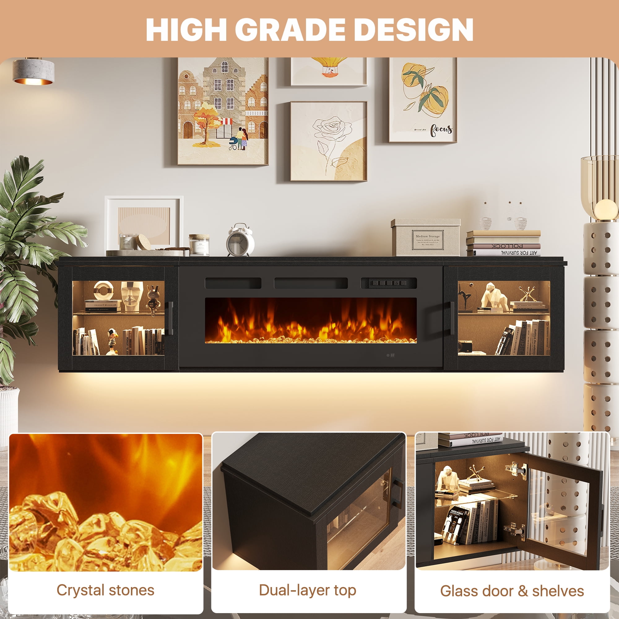 BaPiPro 70" Floating TV Stand for TVs up to 80", Wall Mounted Entertainment Center with 36" Electric Fireplace Heater, LED Lights, Black