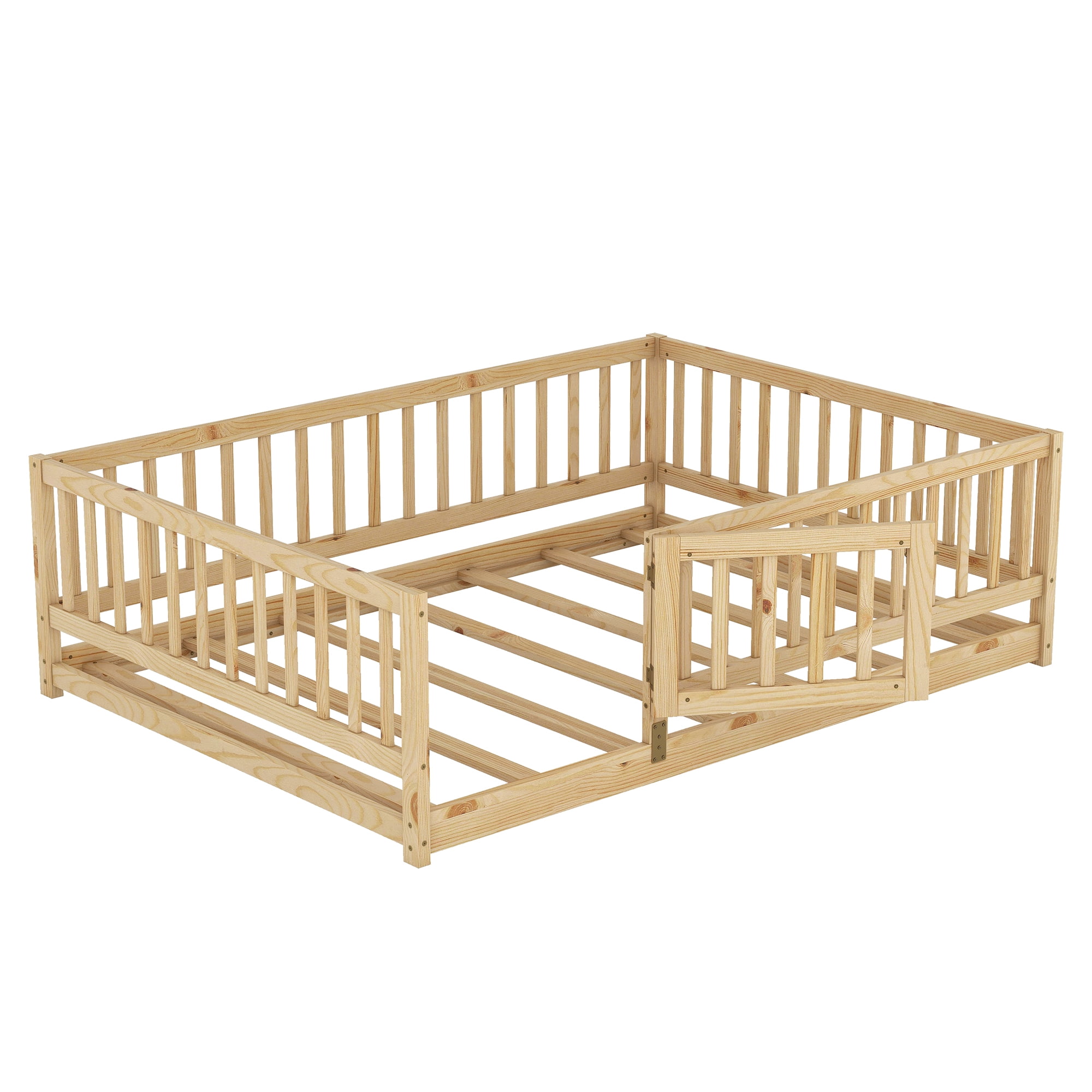 Montessori Floor Bed, Kids Bed Frame, Low Profile Toddler Bed with Removable Slats and Safety Door, Wood Bed Frame for Kids Boys Girls, Full Oak