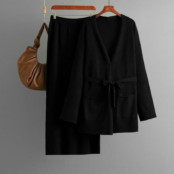Women's Casual Elastic Waist Skirt V-Neck Lace-Up Cardigan Sweater Tops Long Sleeves Blouse Two Piece Set Knitted Suit