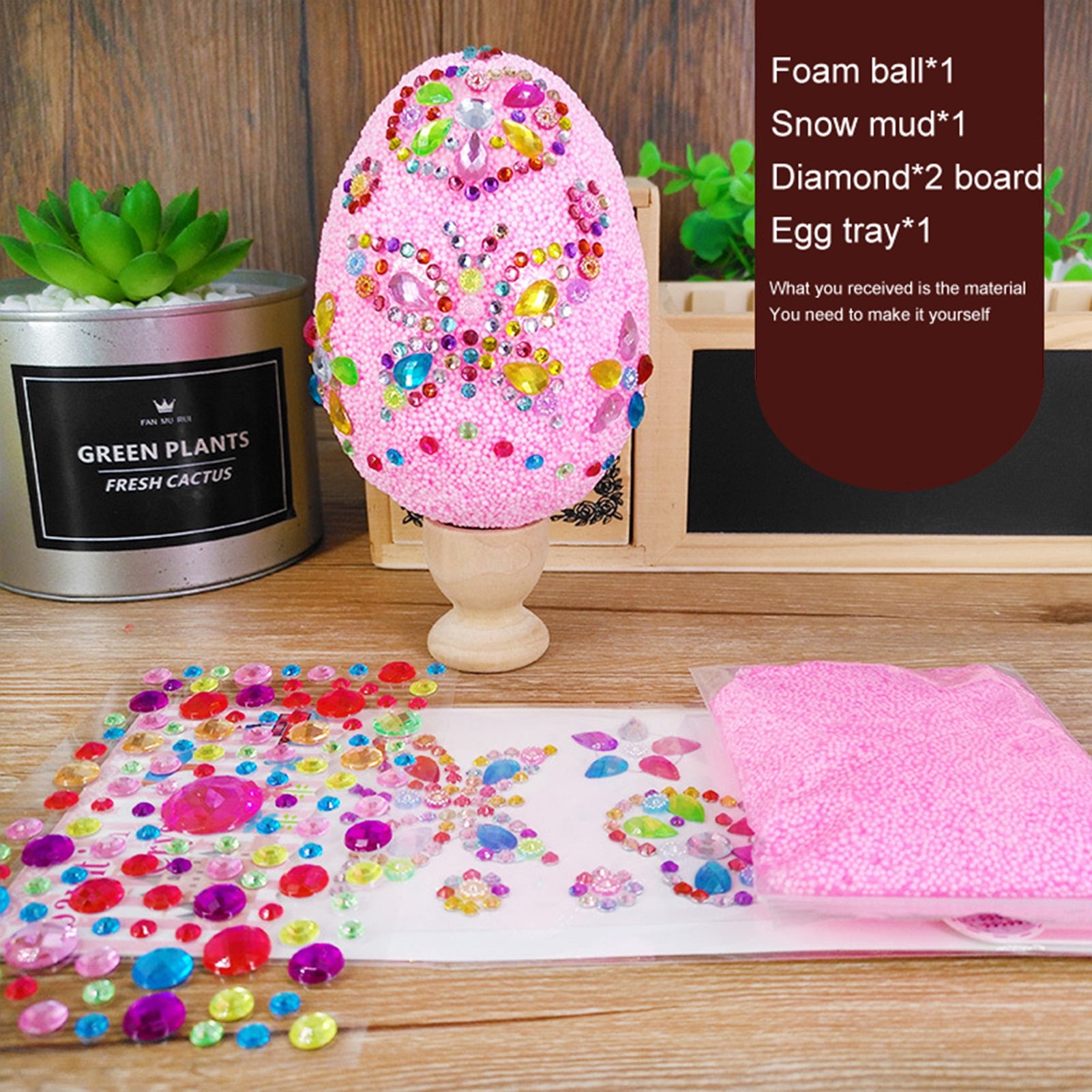 rygai 1 Set Eggs Toy with Rhinestone Stickers DIY Graffiti Toy Hand-painted Snow Polymer Clay Easter Eggs Holiday Gift,Pink
