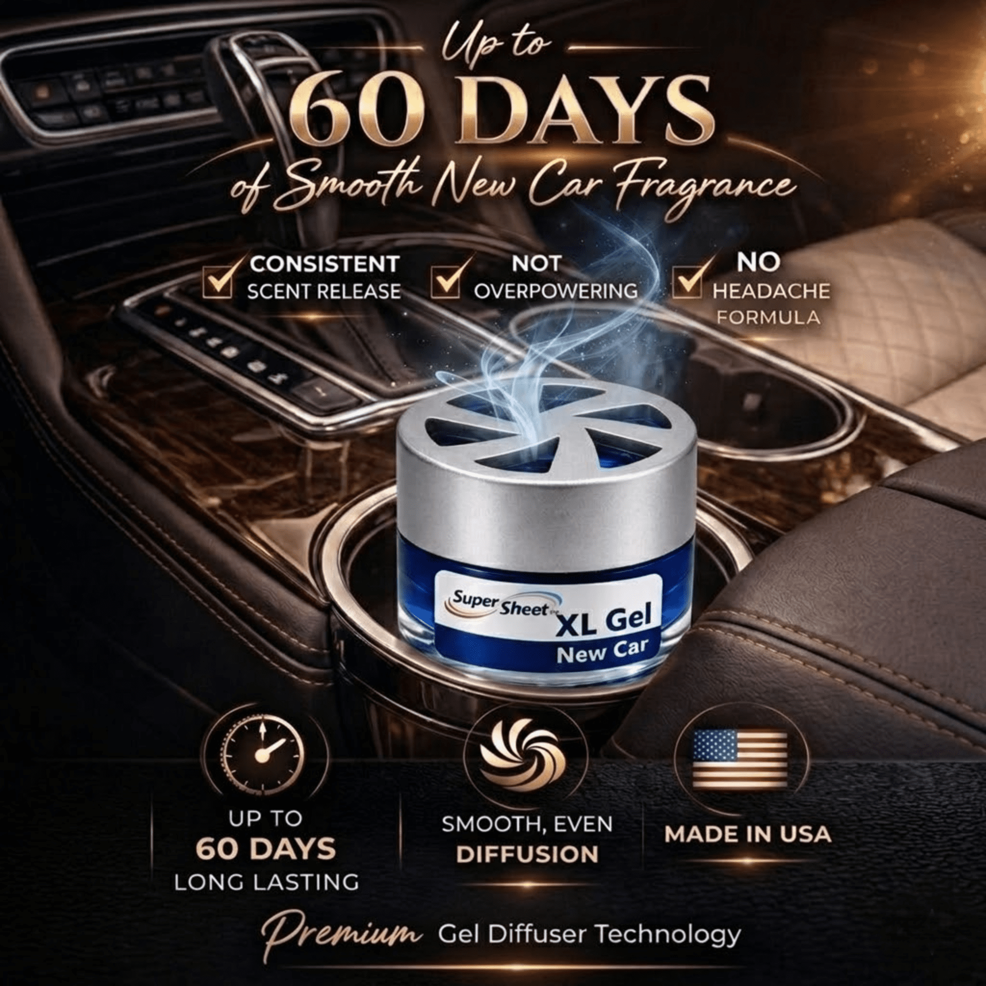 Super Sheet XL Gel Car Air Freshener - New Car Scent, Luxury Glass Jar Auto Fragrance, Long Lasting Gel Diffuser for Car, Home & Office - Made in USA, 4 Pack