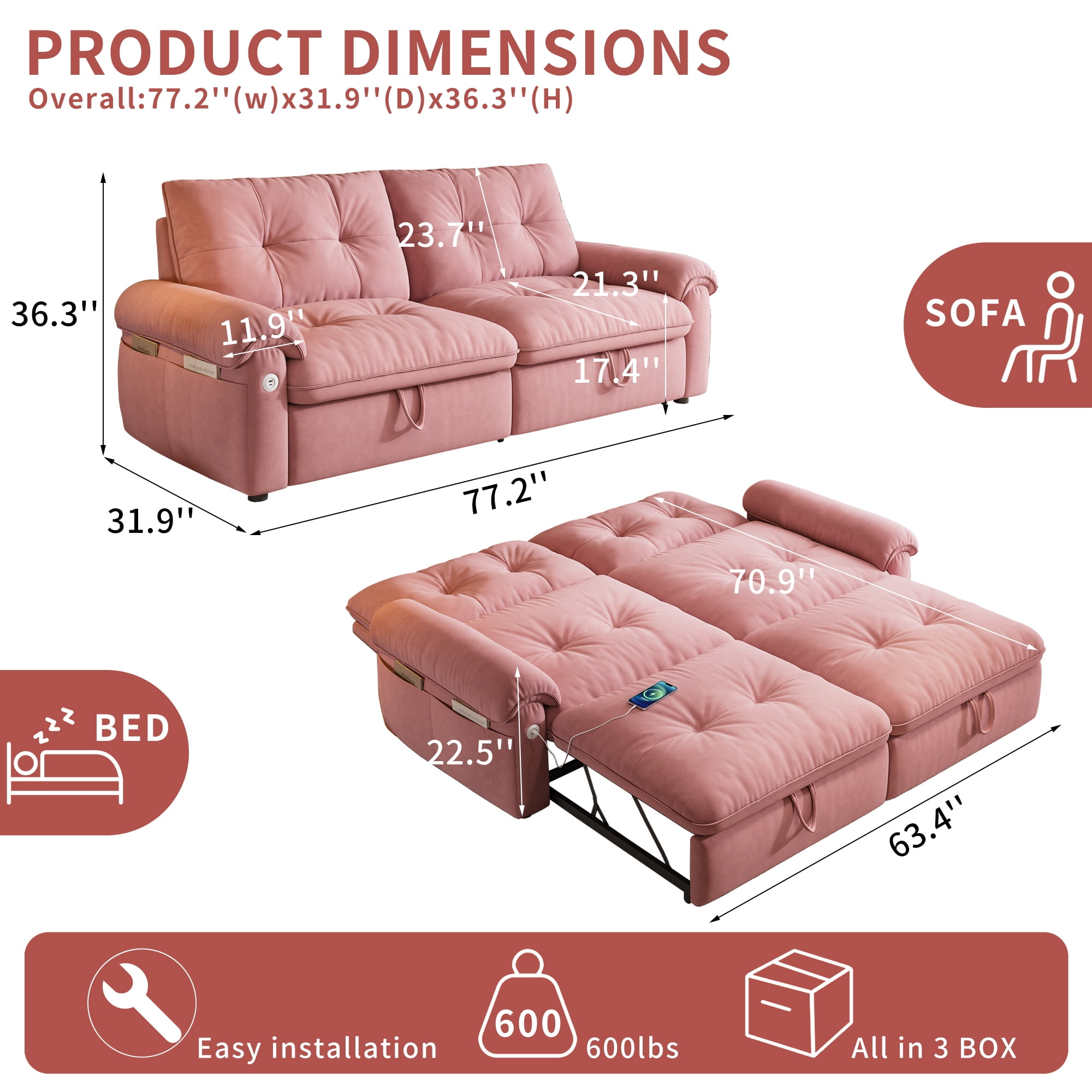 Leumius 77" Convertible Sofa Bed,2-in-1 Cloud Loveseat Sleeper Sofa with Steel Frame & USB, Chenille Pull Out Bed for Living Room/Bedroom/Apartment,Pink