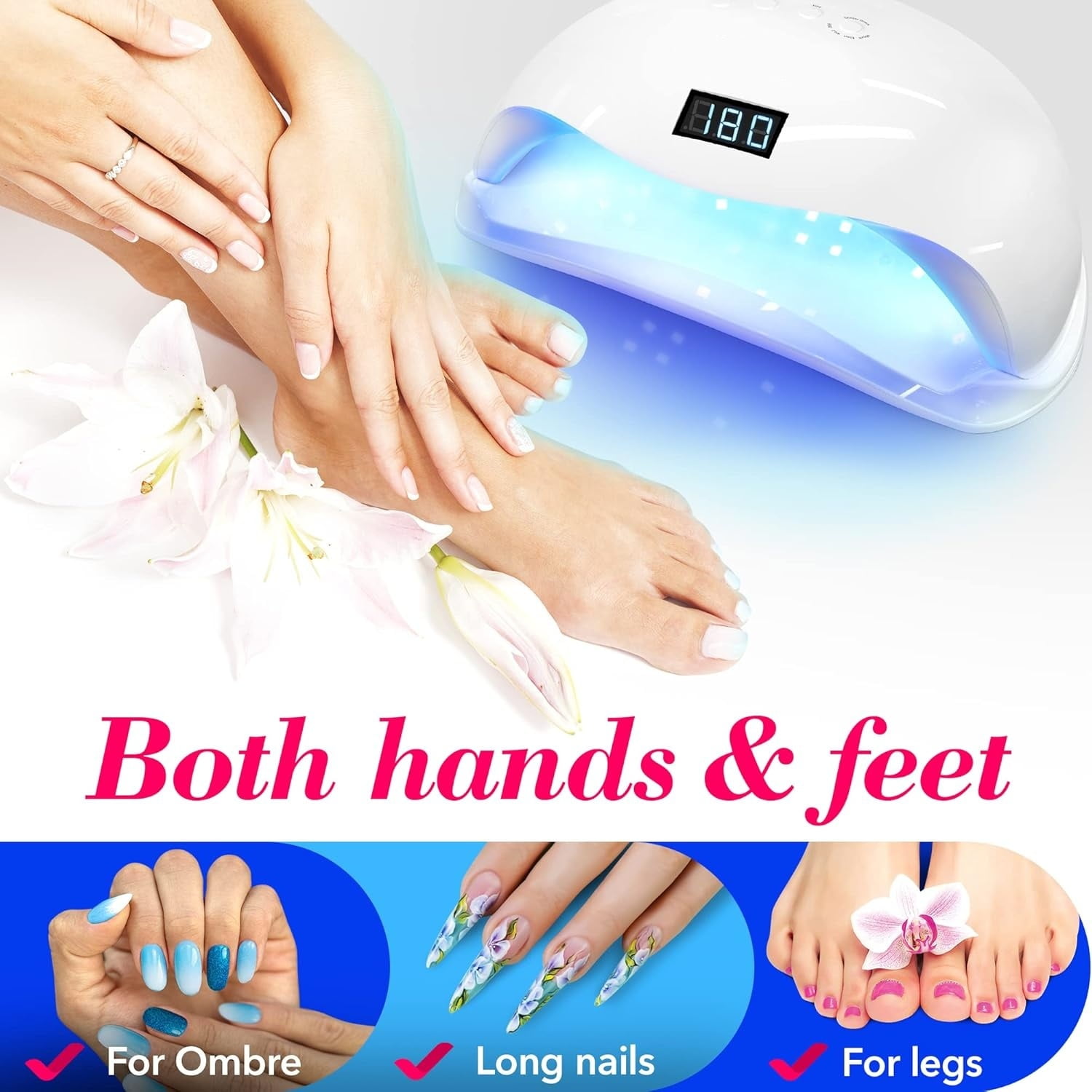 180W UV LED Nail Lamp – Professional Fast Nail Dryer for Gel Polish with 57 LEDs, Auto Sensor, LCD Display, 4 Timer Settings, Cures Fingernails & Toenails, Salon Quality for All Gel Types