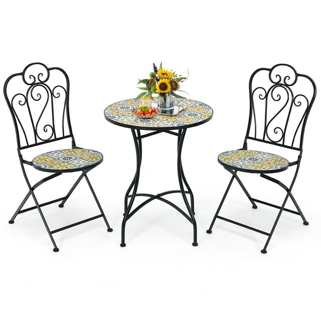 Patiojoy 3PCS Patio Mosaïque Design Chaises Pliantes Table d'Appoint Ensemble Bistro Ensemble de Chaises de Meubles Classiques pour Jardin