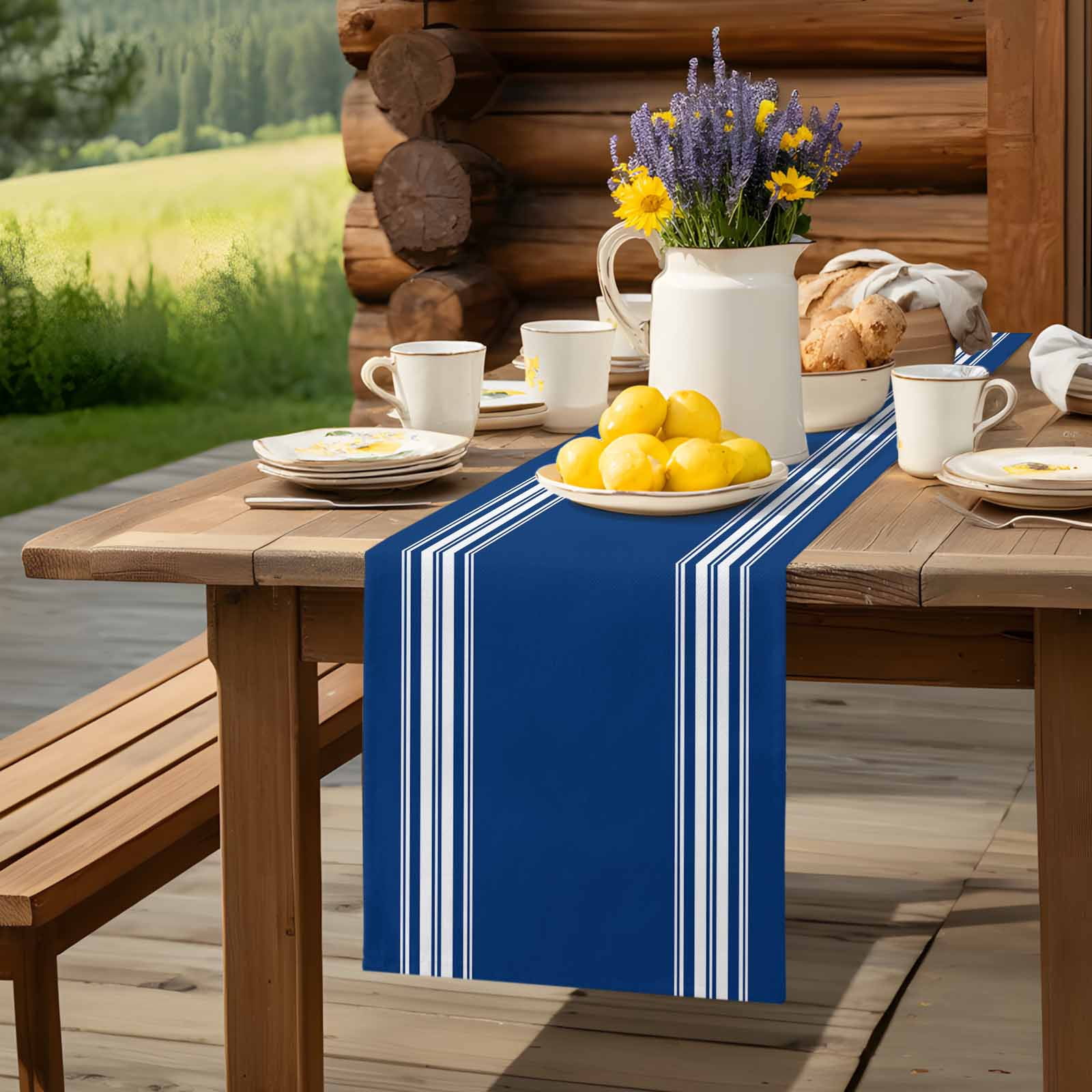 Nautical Navy Blue White Stripes Table Runner 90 Inches Long, Country Farmhouse Style Table Runners Tabletop Scarf Kitchen Dining Tables Decoration for Home Party Indoor Outdoor