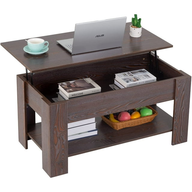 FDW Table Basse à Plateau Relevable avec Compartiment Caché et Tablette de Rangement, Espresso