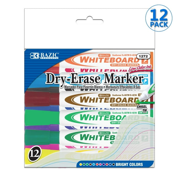 BAZIC Bright Color Chisel Tip Dry Erase Markers, 12 Count Box