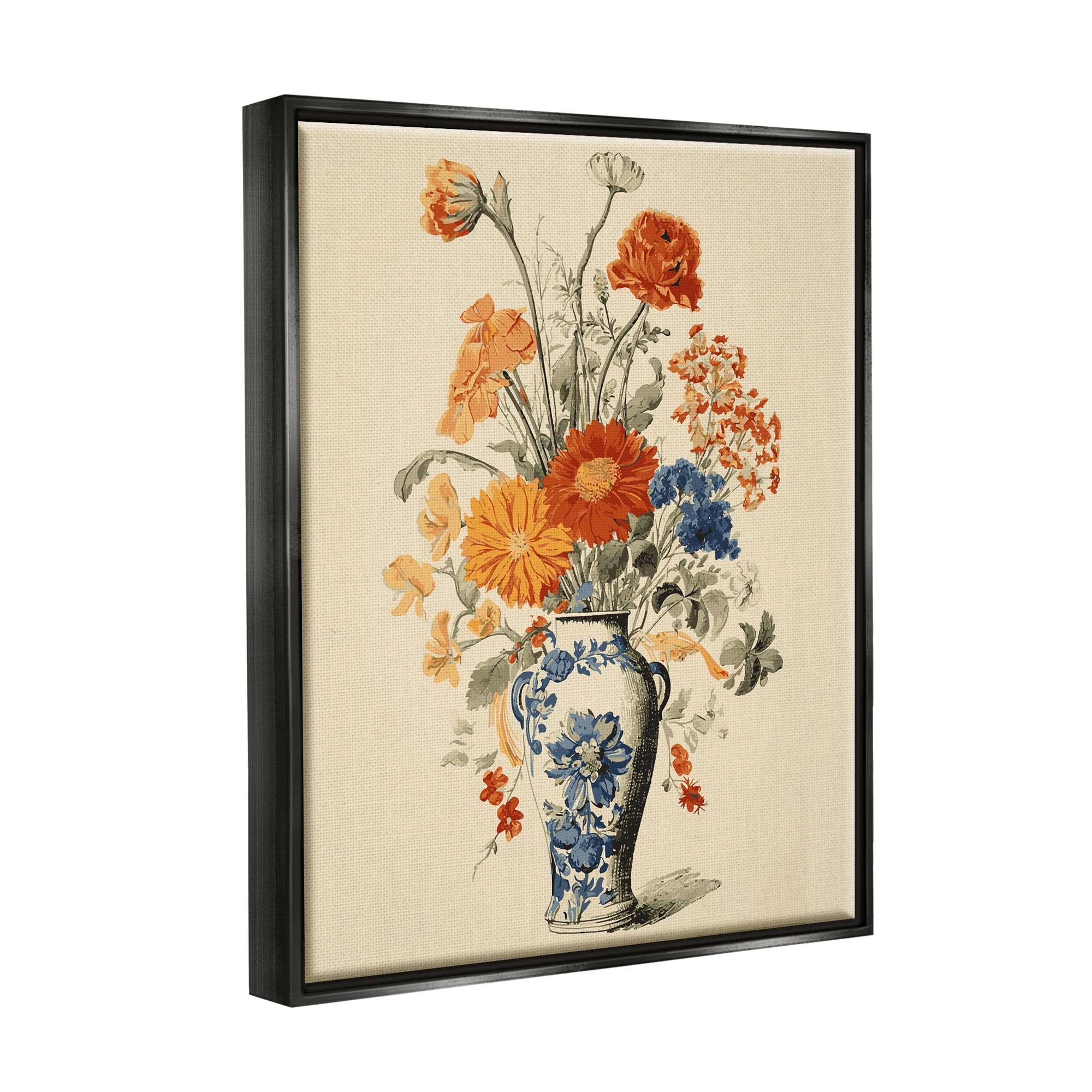 Stupell Industries Ornate Pottery Bouquet Botanical & Floral Painting Black Floater Framed Canvas Art Print Wall Art, 25 x 31