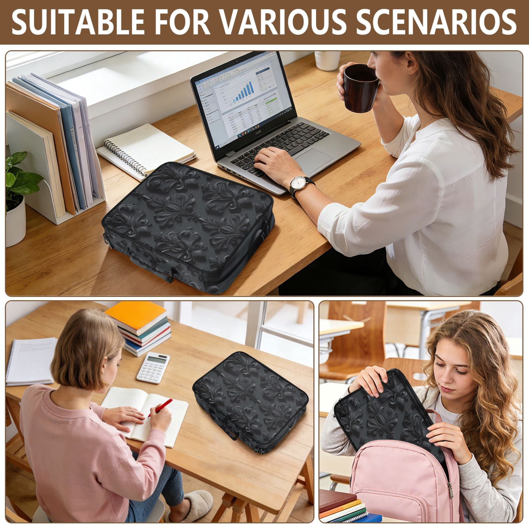 Haosy Accordion File Organizer Zipper Binder 500 Sheet 6-Tab Expanding File Folder Multi-Pocket 1.2 Inch 3 Ring 3d Dark Black Damask