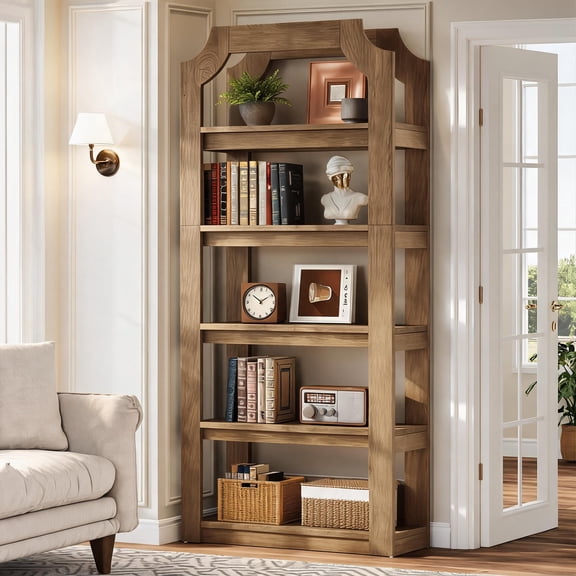 Fnova 70" Tall Wooden Bookcase, 5-Tier Bookshelves with Storage, 31.5" W Freestanding Display Rack for Living Room, Kitchen, Library, Brown
