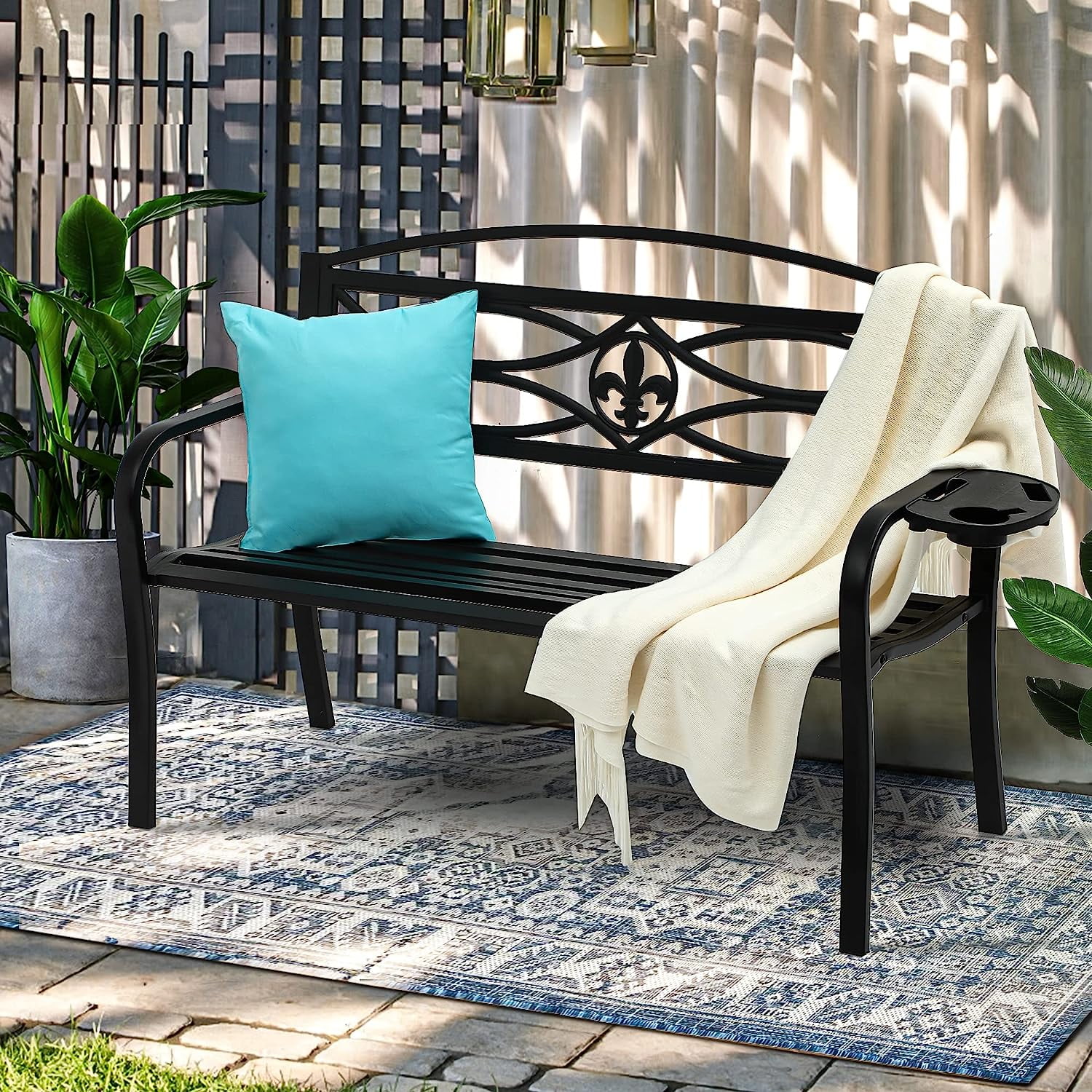 Dextrus Outdoor Bench 50" Metal Bench with Cup Holder Spear Pattern