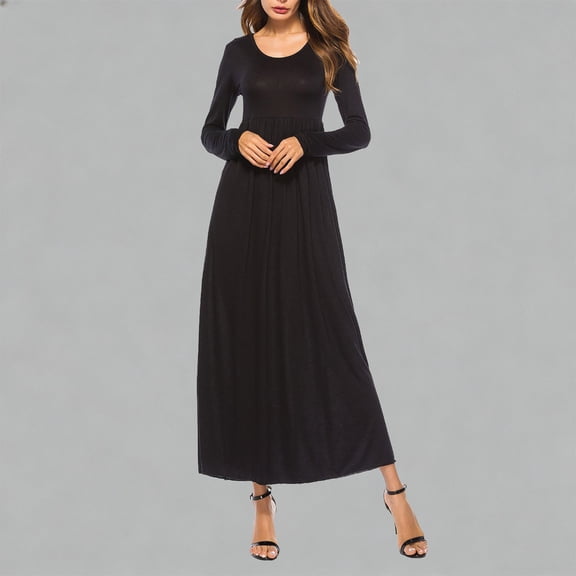 Ailaofu Women's Long Sleeves Maxi Dress Plain Empire Waist Casual Dress Loose Spring Summer Dresses