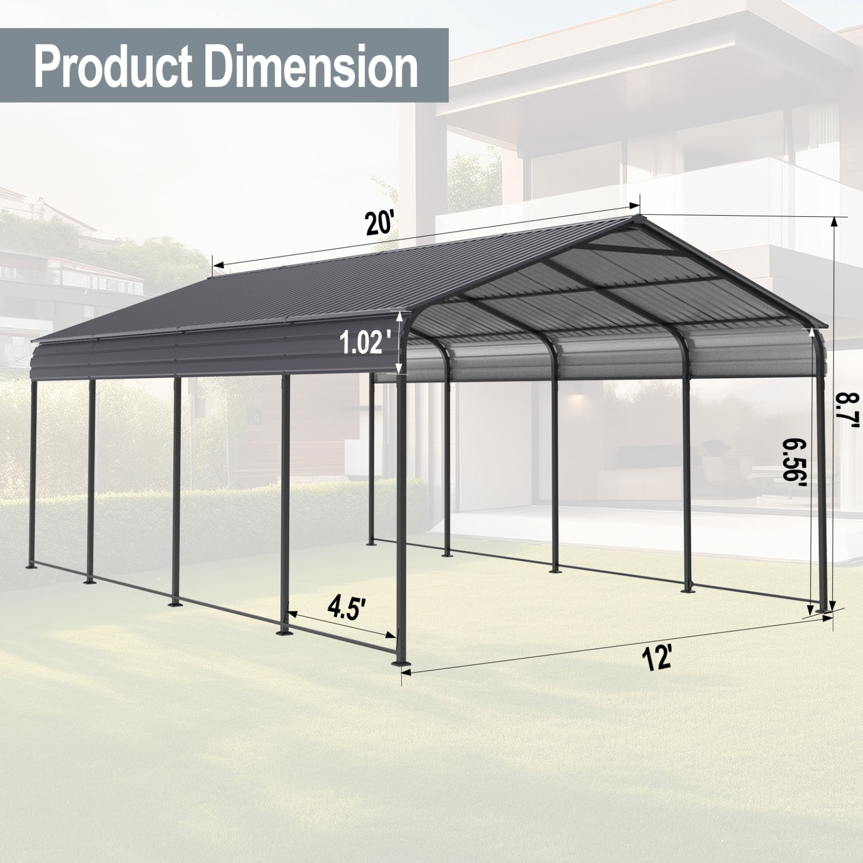 Miekor Metal Carport 12 ×20 FT Heavy Duty with Galvanized Steel Roof, Metal Garage Canopy with Galvanized Steel Roof & Frame, Car Tent Outdoor Storage Shed for Car, Boats and Truck, Gray 63829