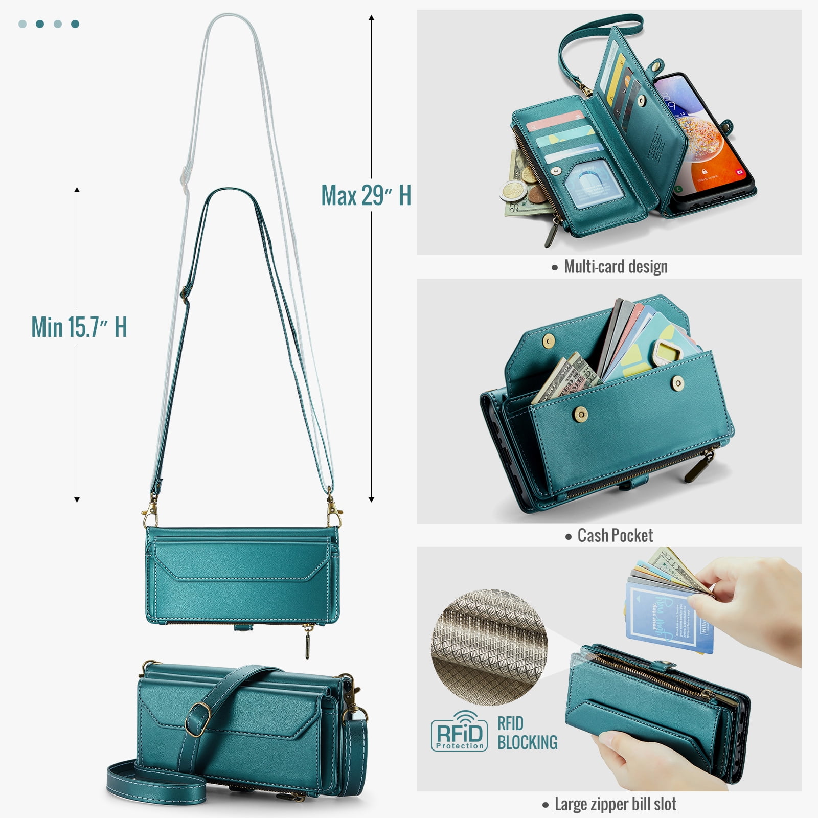 Asuwish Compatible with Samsung Galaxy A15 5G/4G Zipper Wallet Phone Case Tempered Glass Screen Protector Crossbody Lanyard Strap Flip Card Holder Slot Cell Cover for A 15 G5 15A Women Girls Green