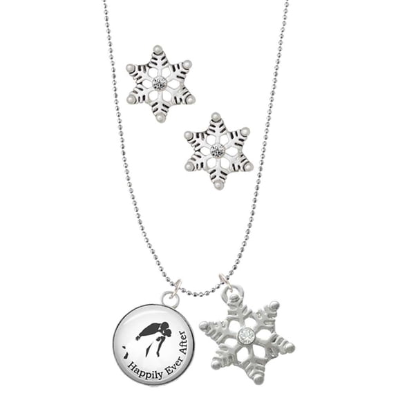Delight Jewelry Silvertone Domed Wedding Couple Happily Ever After Silver tone Snowflake Charm Necklace and Stud Earrings