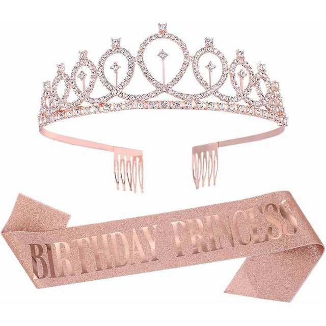 Ubiuo 2-piece Suit Birthday Princess Sash And Rhinestone Tiara Kit Birthday Gifts Glitter Sash And Birthday Crowns For Women Girl Party Decoration (ro