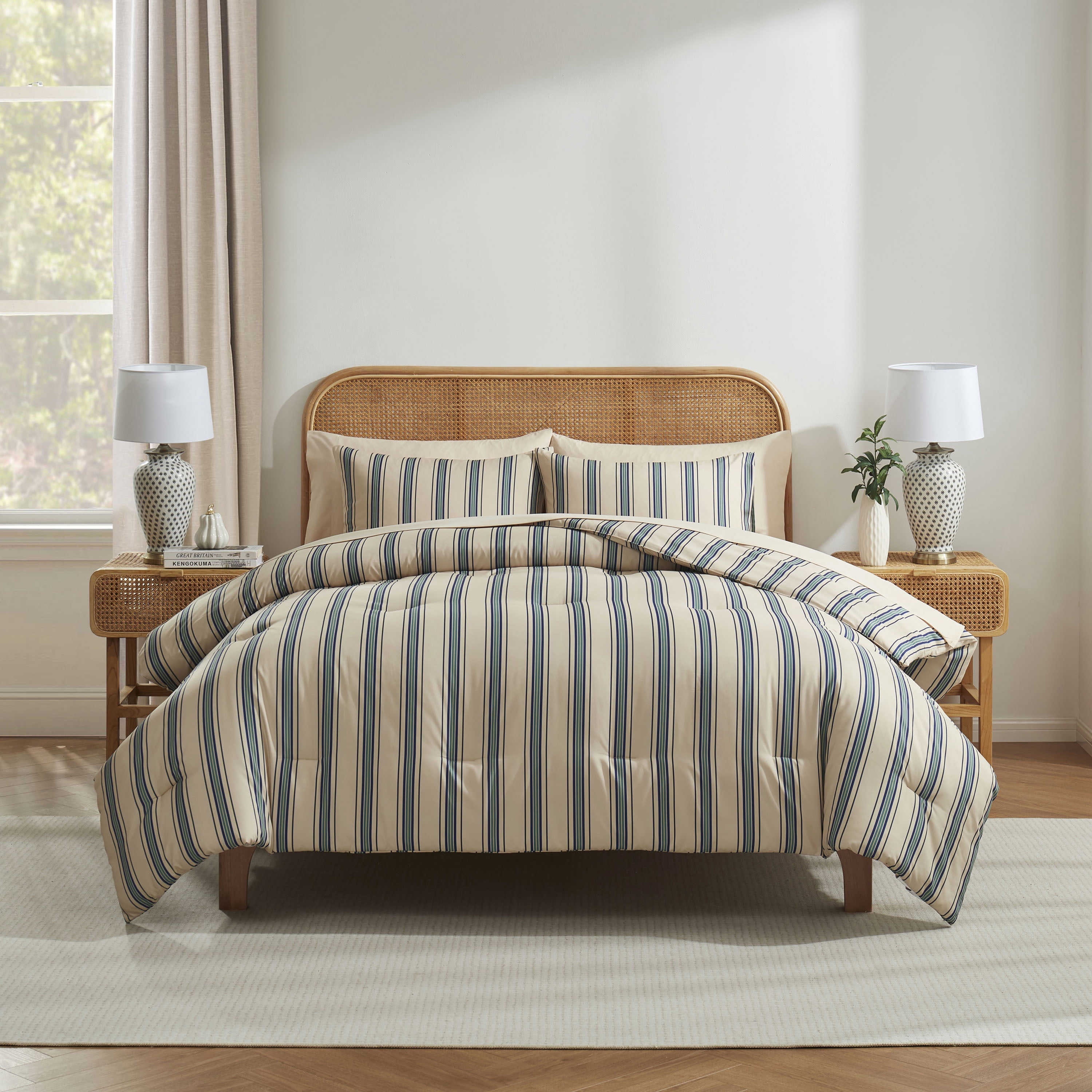 Virtu Twin XL Comforter Set, Bed In A Bag 5 Pc Striped Bedding Set, Cream