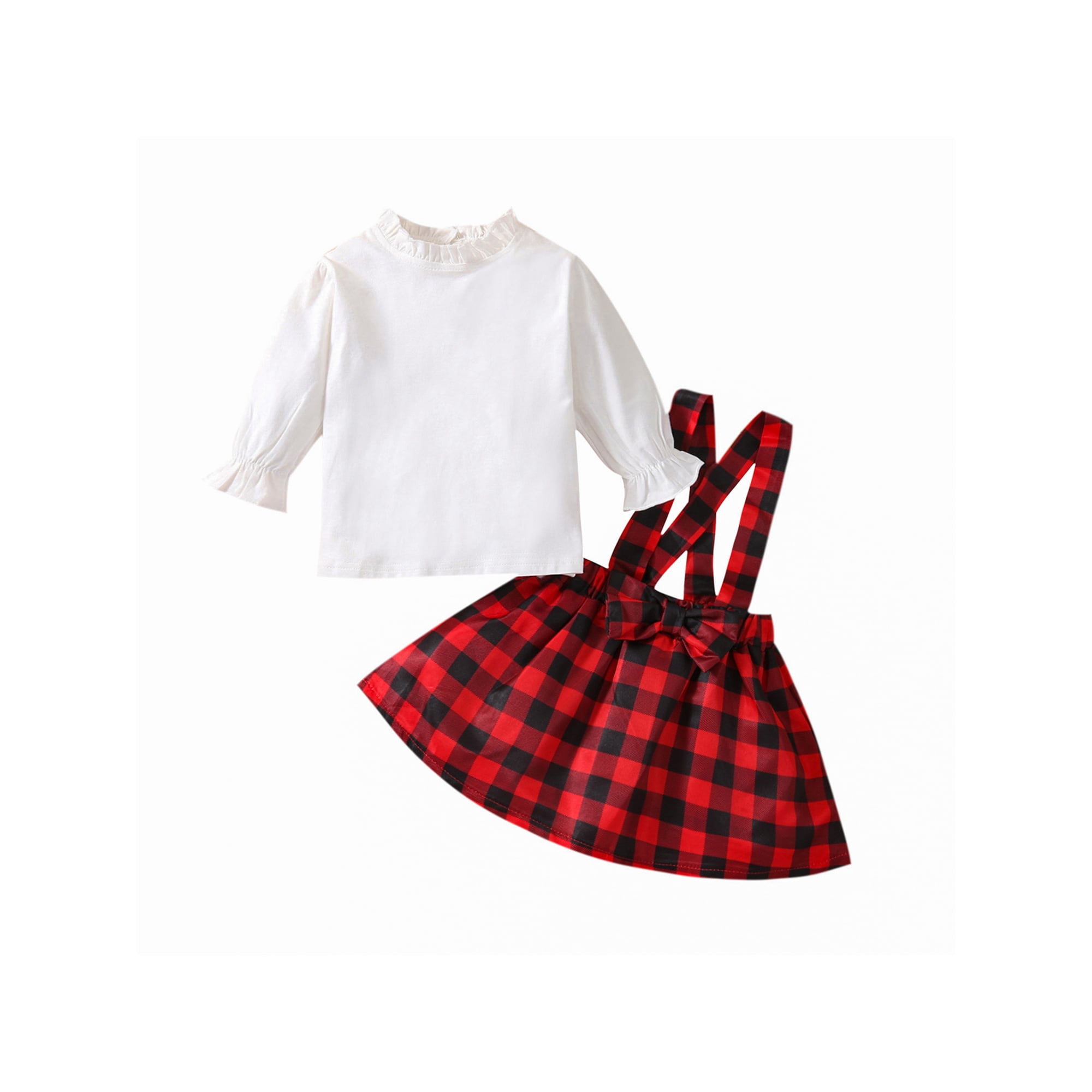 Mialoley Baby Girl s Ruffles Long Sleeve T shirt and Plaid Suspender Skirt Set Walmart
