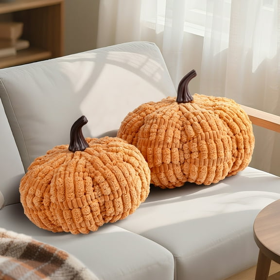 Sunlit Pumpkin Pillows, Set of 2, Halloween Pumpkin Pillow, Fall Thanksgiving Decorative Throw Pillow, 14 Inch 3D Pumpkin Throw Pillows for Home, Party, Gift, Pumpkin Orange