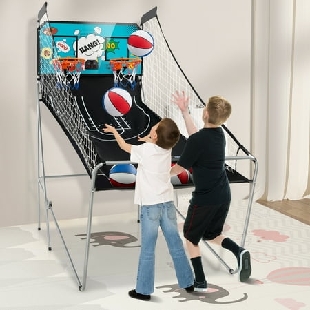 Costway - Dual Shot Basketball Arcade Game with 8 Game Modes Electronic Scoring - Green