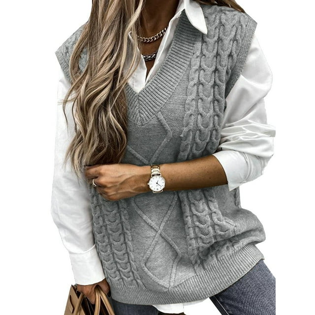 Oversized Sweater Vest for Women V Neck Sleeveless Solid Color Loose Pullover Sweater Gray M