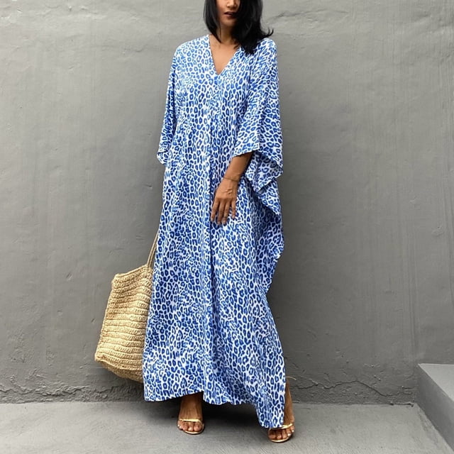 Sorties de Plage for Maillots de Bain Femmes Mode Chiffon Plage Floral Manches 3/4 Col en V Robe Imprimée Longue Robe Sorties de Plage sur Clearance