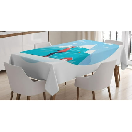 Winter Tablecloth, Man Skiing down the Snowy Hill Hobby Mountains Sports Colorado Cliffs Graphic, Rectangular Table Cover for Dining Room Kitchen, 52 X 70 Inches, Blue Dark Coral, by